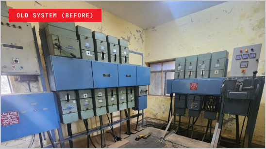 Old system before modernization: ageing blue control panels in a worn switch room